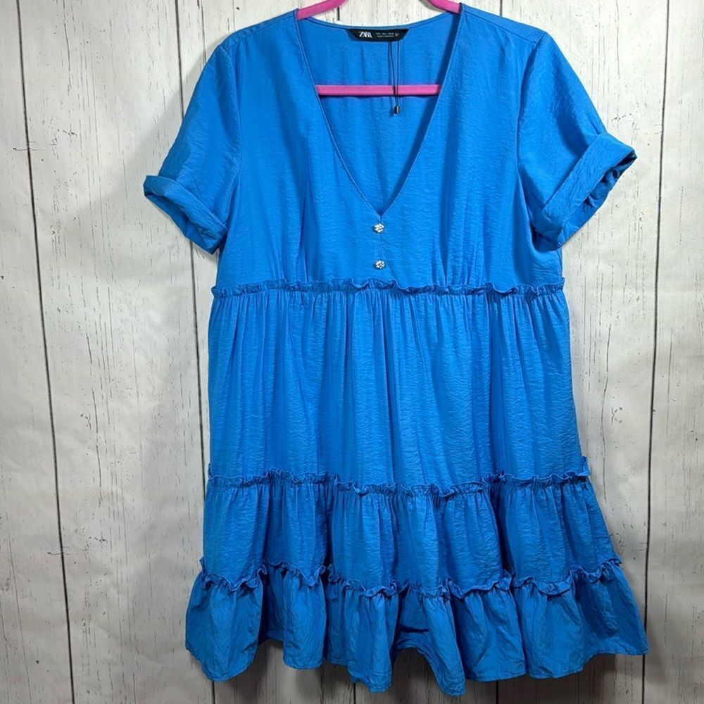 Zara Blue Tiered Babydoll Dress Ruffle Hem V Neck Sparkle Buttons Flowy Cottage